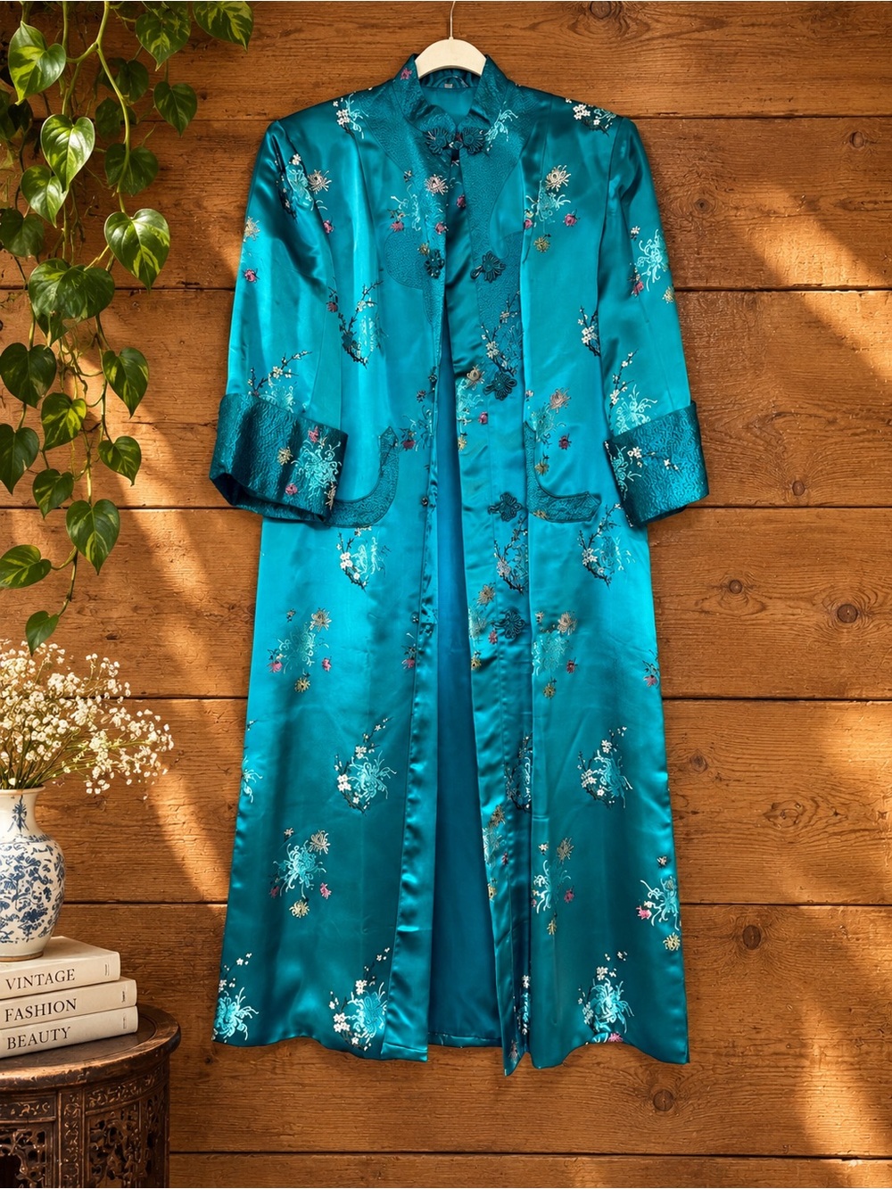 Vintage Teal Satin Brocade Duster Jacket Frog Closure Asian Style Size 36